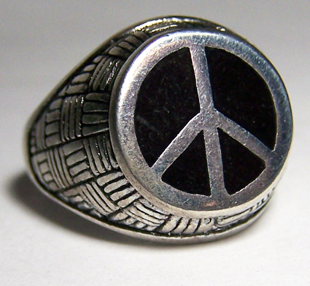 Wholesale INLAYED BLACK PEACE SIGN SILVER DELUXE BIKER RING (Sold by the piece) *-  CLOSEOUT AS LOW AS $ 2.95 EA