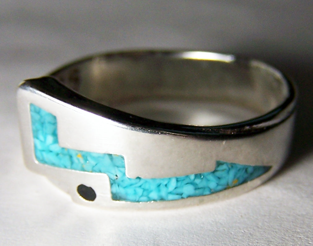 Buy NATIVE TURQUOISE BLUE INLAYED LIGHTNING BOLT SILVER DELUXE BIKER RING *Bulk Price