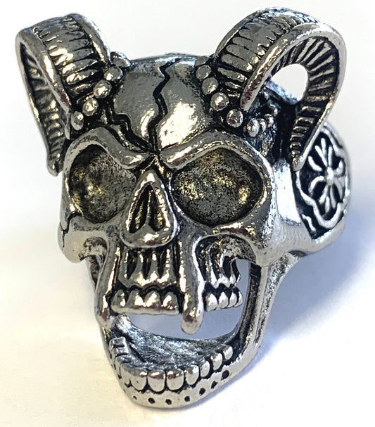 Wholesale DECORATED SKULL WITH RAM HORNS METAL BIKER RING (SOLD BY THE PIECE)