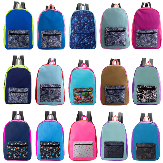 Buy 17" Kids Basic Wholesale Backpack in Randomly Assorted Solid Colors with Prints - Bulk Case of 24
