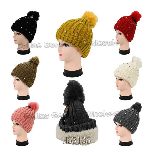 Bulk Buy Girls Fashion Pearls Beanie Hats with Fuzzy Ball Wholesale