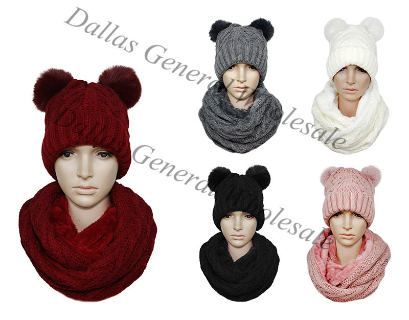 Bulk Buy Ladies Double Pom Pom Beanie w/ Scarf Set Wholesale