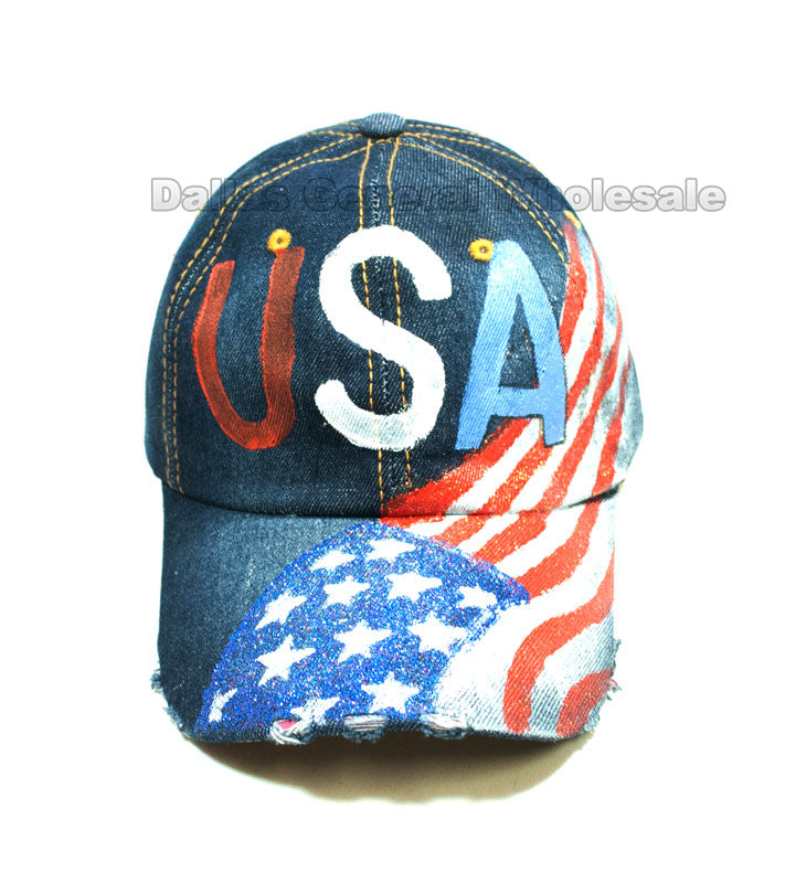 USA Flag Glitter Ladies Denim Caps Wholesale