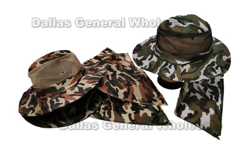 Camouflage Mesh Bucket Hats W/ Neck Cover Capes Wholesale MOQ 12