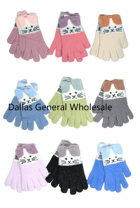 Bulk Knitted Kitty Fleece Gloves For Girls - Assorted