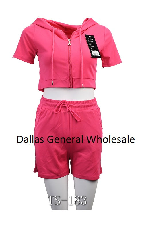 Casual Hoodie Crop Top w/ Short Matching Sets Wholesale MOQ 12