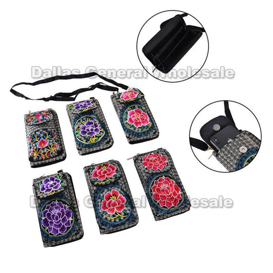 Bulk Buy Embroidered Fashion Wallets w/ Phone Pocket Wholesale