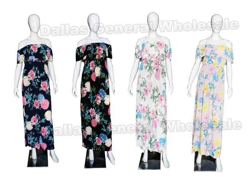 Bulk Buy Floral Straight Shoulder Maxi Sun Dresses Wholesale