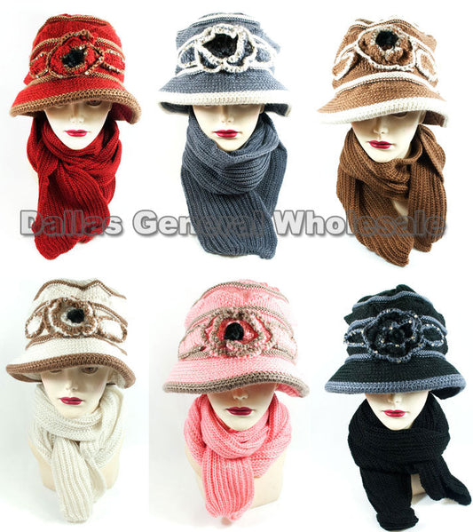 Ladies Knitted Visor Beanie Cap with Scarf Set Wholesale