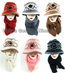 Ladies Knitted Visor Beanie Cap with Scarf Set Wholesale