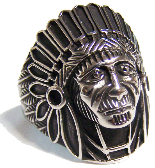 Wholesale INDIAN CHIEF FACE W BONNET STAINLESS STEEL BIKER RING ( sold by the piece )