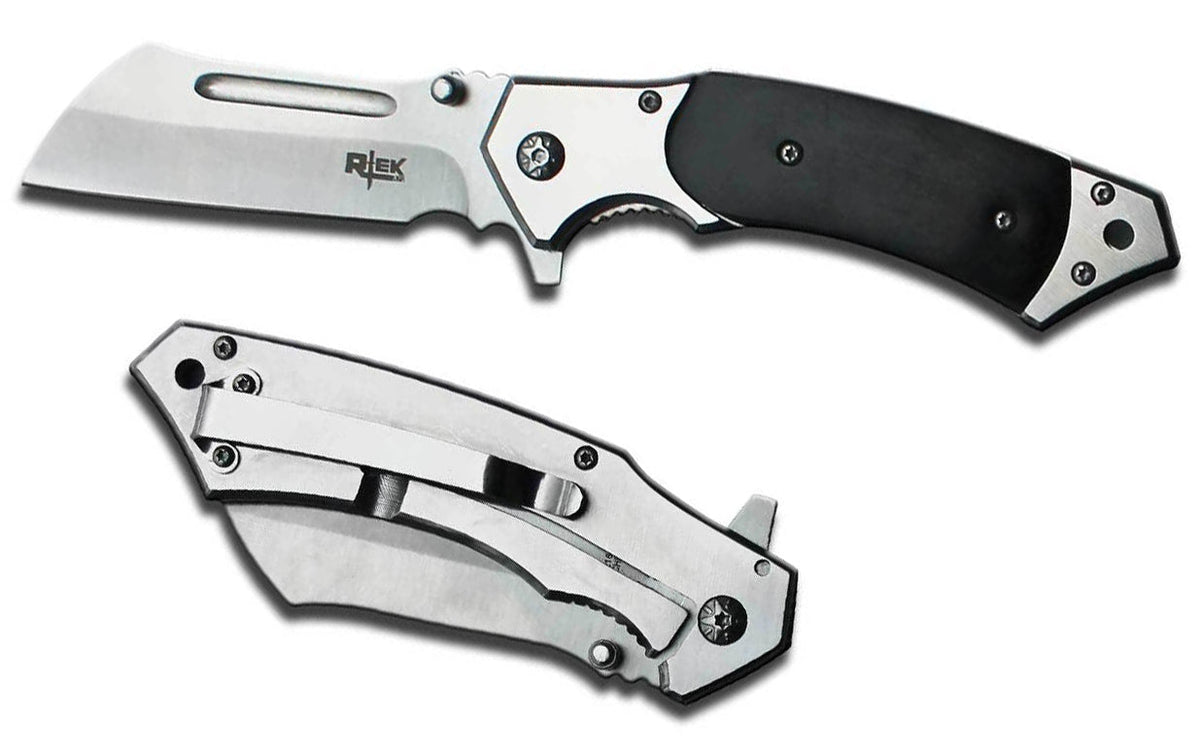 Buy BLACK HANDLE CLEAVER SHAPED BLADE 8 INCH FOLDING POCKET KNIFE Bulk Price