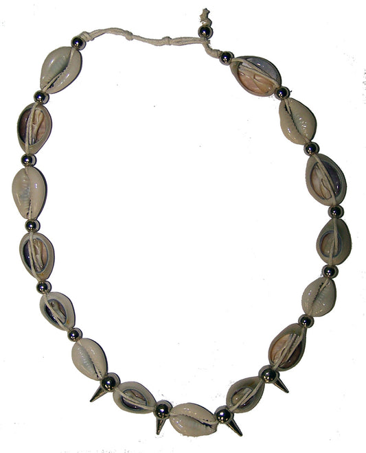 Wholesale COW SHELL NECKLACE / CHOKER WITH SILVER SPIKES (Sold by the piece or dozen) - * CLOSEOUT NOW ONLY .50 CENTS EA