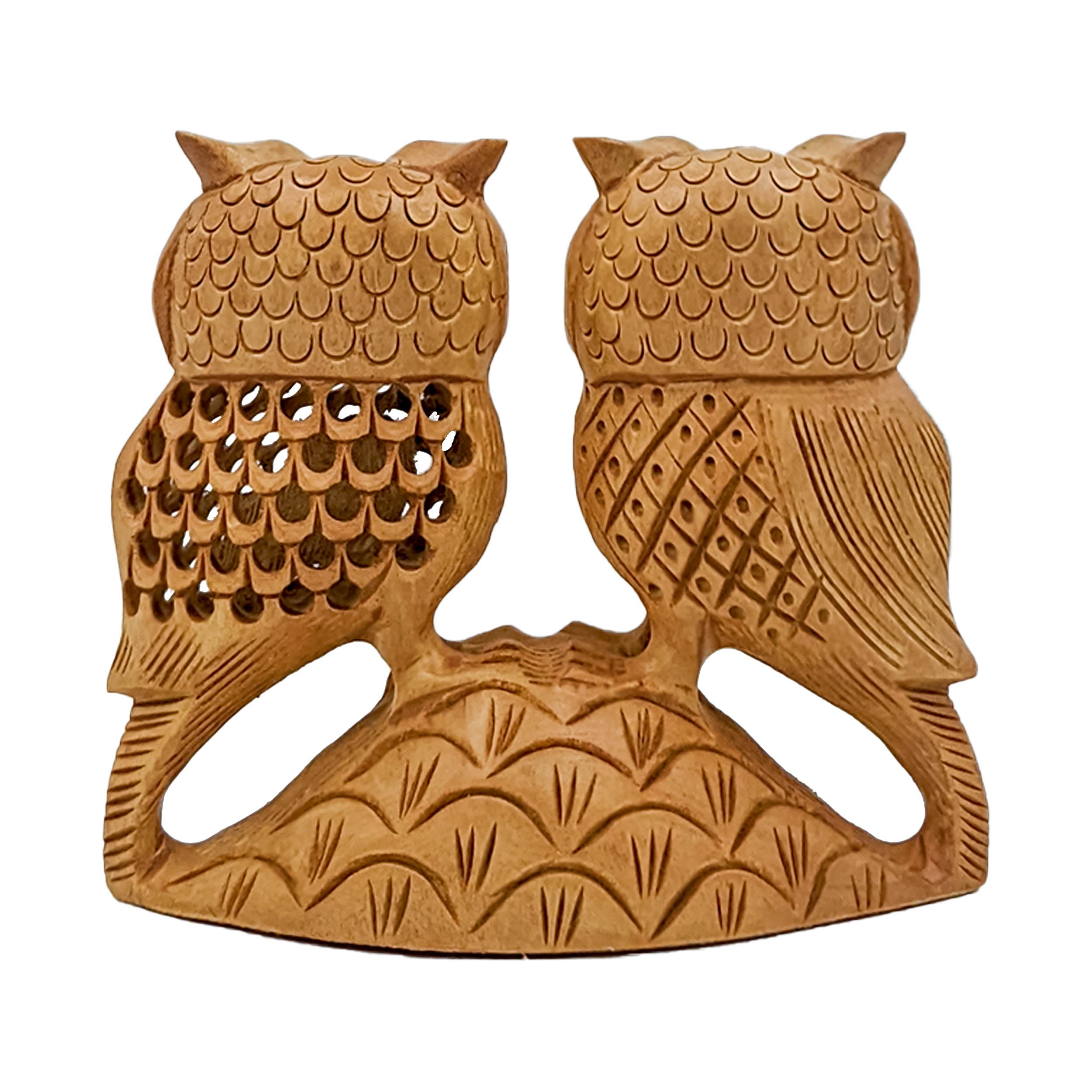 Handcrafted Wooden Couple Owl Statue 4-Inch