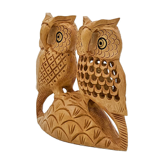 Handcrafted Wooden Couple Owl Statue 4-Inch