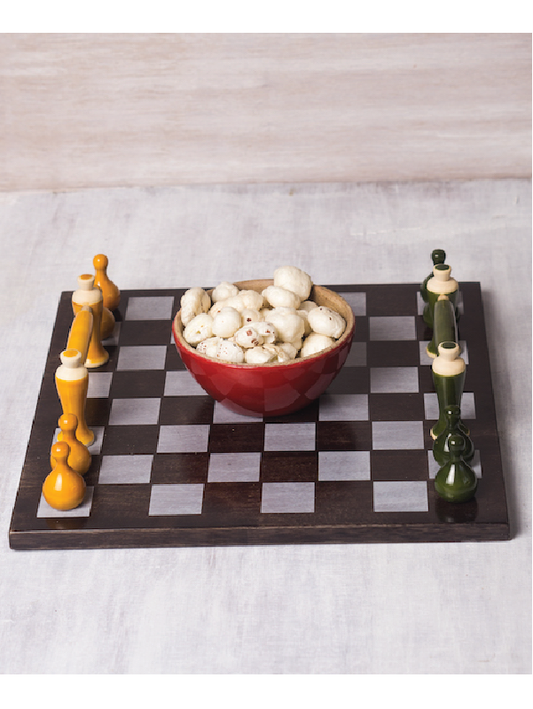 Wooden Handcrafted Square Chess Inspired Tray - Yellow & Green