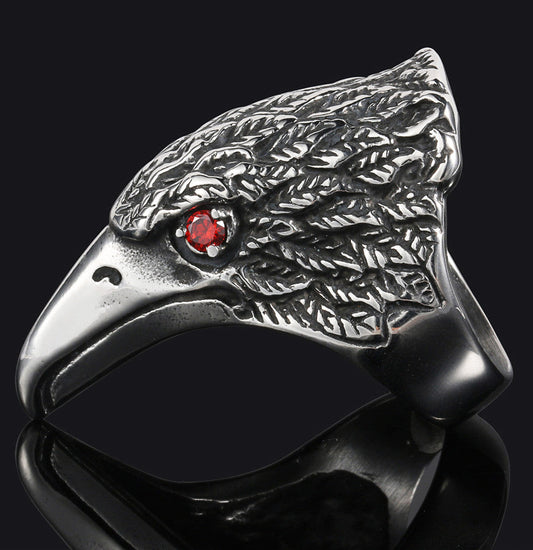 Wholesale EAGLE HEAD W RED CRYSTAL EYES  STAINLESS STEEL BIKER RING ( sold by the piece )