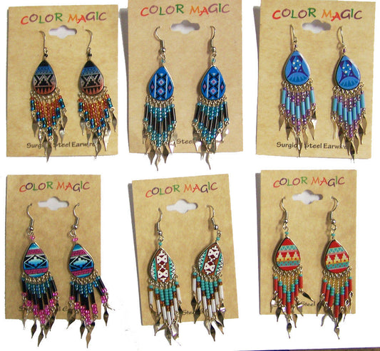 Wholesale TEAR DROP SHAPED NATIVE STYLE SEED BEAD DANGLE EARRINGS ( sold by the dozen or piece )
