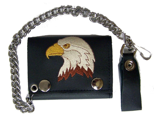 Wholesale EMBROIDERED EAGLE HEAD TRIFOLD LEATHER WALLET WITH CHAIN (Sold by the piece)
