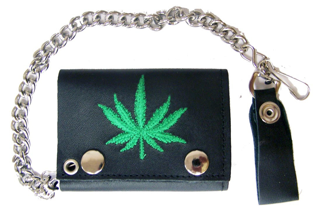 Buy EMBROIDERED GREEN MARIJUANA LEAF TRIFOLD LEATHER WALLET WITH CHAINBulk Price