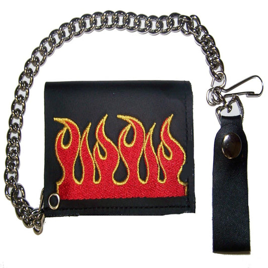 Wholesale Embroidered Red Burning Flame Leather Chain Wallet for Men (Sold by the piece)