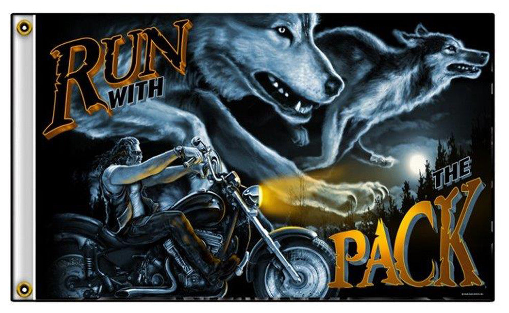 Wholesale RUN WITH THE PACK WOLF MOTORCYCLE BIKER 3' x 5' DELUXE BIKER FLAG (Sold by the piece) *- CLOSEOUT NOW $ 5 EA