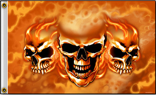 Wholesale DELUXE TRIPLE SKULL FLAMES 3 x 5 MOTORCYCLE BIKER FLAG ( sold by the piece )