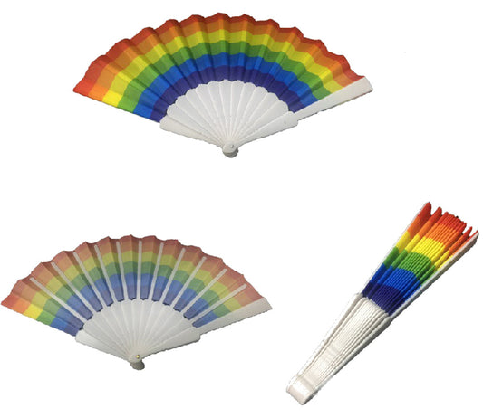 Rainbow Striped 9-Inch Cloth Hand Fan ( sold by the piece or  dozen )