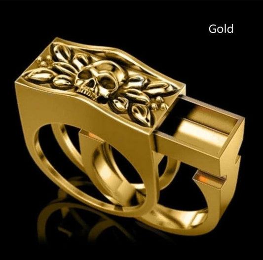 Wholesale GOLD HIDDEN COMPARTMENT SKULL METAL BIKER RING (sold by the piece)