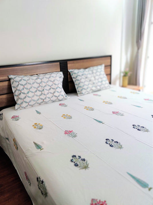 Tropical Flowers Handblock Printed Double Bedsheet With Pillow Covers