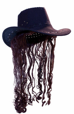 Wholesale COWBOY HAT W LONG BROWN HAIR  (Sold by the piece)