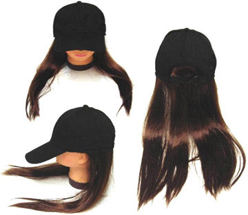 Wholesale BASEBALL HAT WITH LONG BROWN HAIR (Sold by the piece)