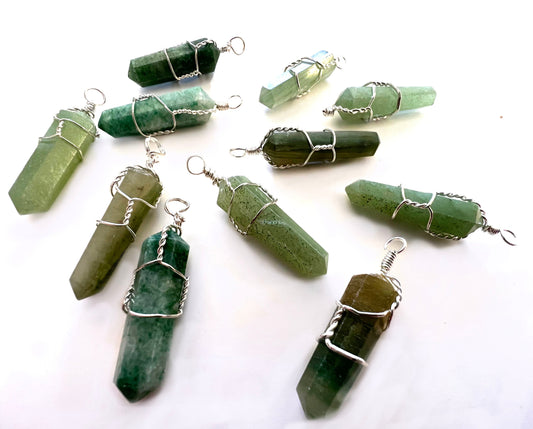 Wholesale GREEN AVENTURINE WIRE WRAPPED  CUT STONE PENDANTS ( sold by the piece, dozen or necklace)