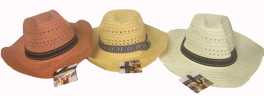 Wholesale Man Sprinkling Hat Wide Edge Beach Western Style Woven Fashion Natural Vented Straw Cowboy Hat ( sold by the piece or assorted)