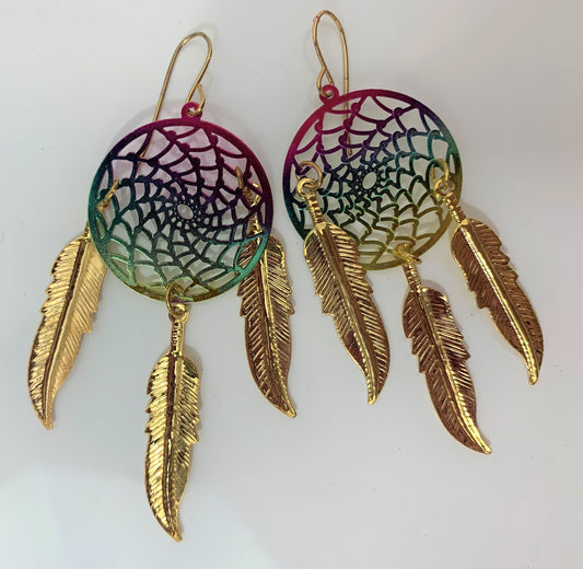 Buy 3 INCH METAL DREAM CATCHER RAINBOW DANGLE EARRINGS WITH GOLD FEATHERS (SOLD BY THE PAIR)Bulk Price