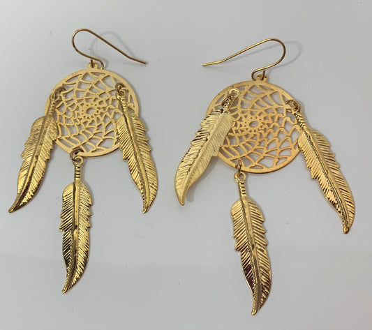 Buy 3INCH METAL DREAM CATCHER GOLDDANGLE EARRINGS WITH FEATHERS (SOLD BY THE PAIR)Bulk Price