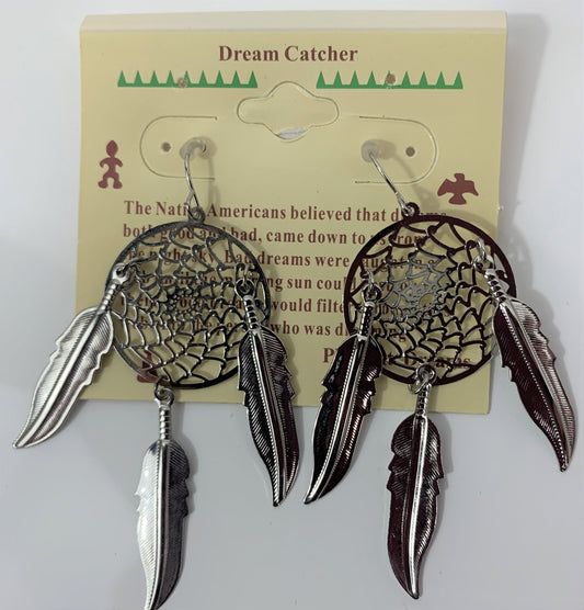 Buy 3INCH METAL DREAM CATCHER SILVER DANGLE EARRINGS WITH FEATHERS (SOLD BY THE PAIR) Bulk Price
