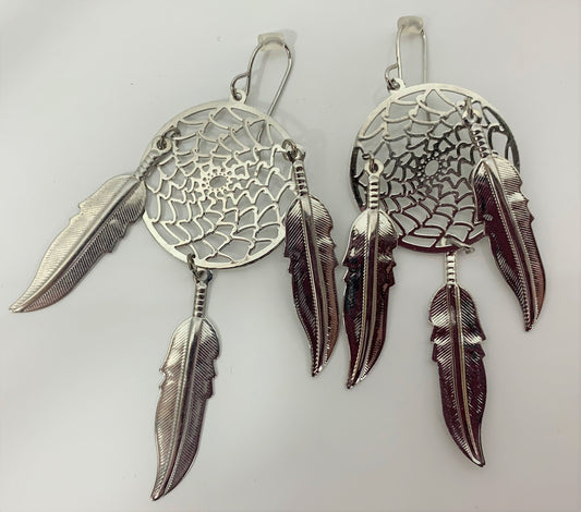 Buy 3INCH METAL DREAM CATCHER SILVER DANGLE EARRINGS WITH FEATHERS (SOLD BY THE PAIR)Bulk Price