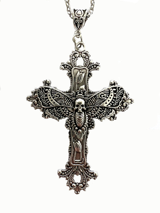 Wholesale Moth Skull Cross Silver Metal Necklace | Sold by Piece