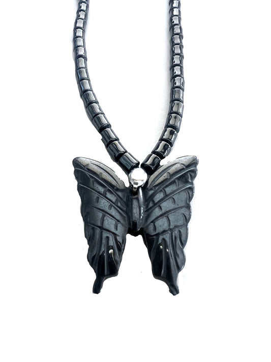 Wholesale BUTTERFLY SHAPE CARVED BLACK HEMATITE STONE NECKLACE WITH PENDANT (Sold by the piece)
