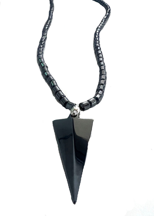Wholesale ARROW SHAPE CARVED BLACK HEMATITE STONE NECKLACE WITH PENDANT (Sold by the piece)