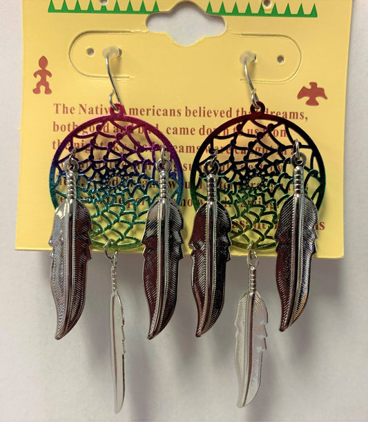 Buy 3 INCH METAL DREAM CATCHER RAINBOW with SILVER DANGLE EARRINGS WITH FEATHERS (SOLD BY THE PAIR) Bulk Price