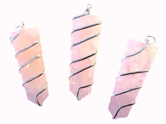 Wholesale LARGE 2" FLAT ROSE QUARTZ COIL WRAPPED  STONE PENDANT (sold by the piece or bag of 10 )