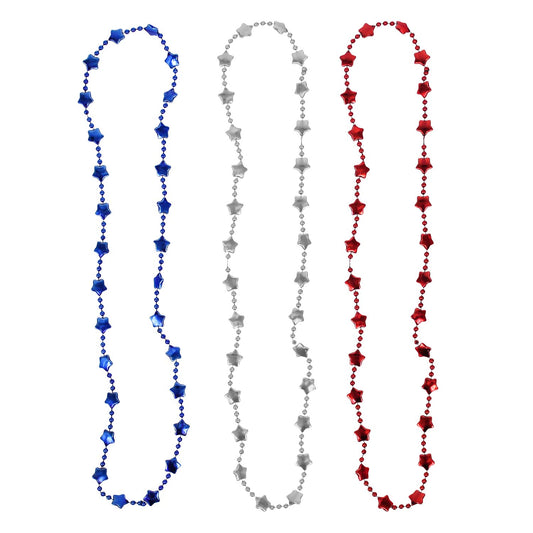 Red Silver Blue Bead  Necklace- {Sold By DZ=$4.00)