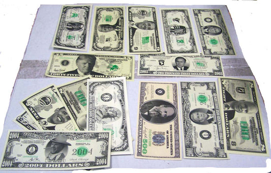 Wholesale GRAB BAG OF 25 ASSORTED FAKE MONEY NOVELTY DOLLAR BILLS (sold by the pack of 25 bills) -* CLOSEOUT 5 CENTS EA BILL