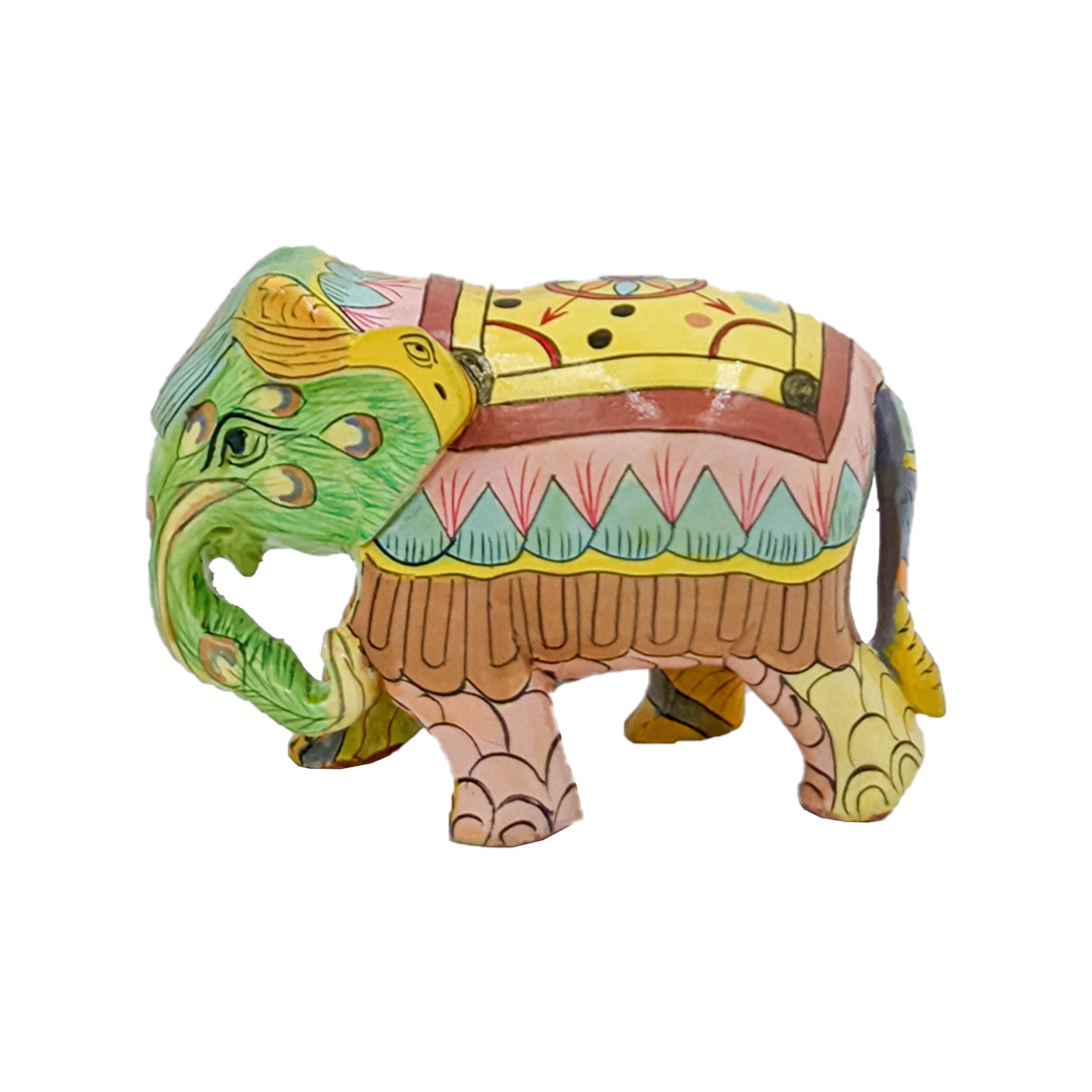 Handmade Painted Trunk Down Carved Elephant - Exquisite Wooden Handicraft (3 Inch)