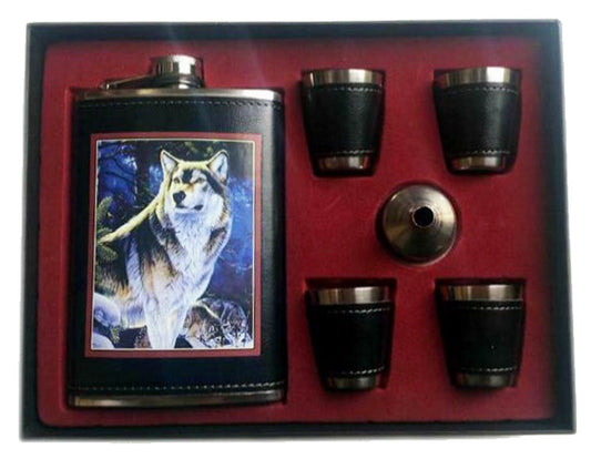 Wholesale NEW WOLF FLASK SET W FOUR SHOT GLASSES & FUNNEL (Sold by the piece)