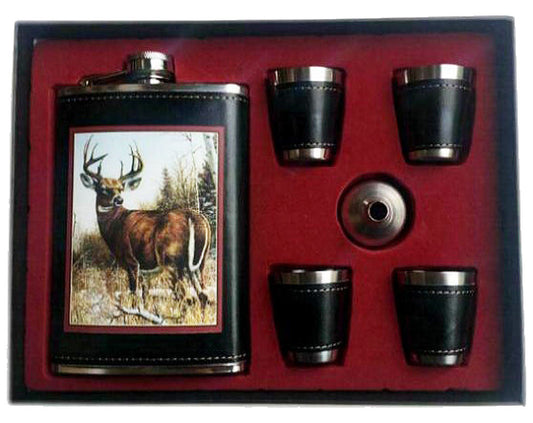 Wholesale BIG BUCK DEER FLASK SET W 4 SHOT GLASSES  (Sold by the piece)