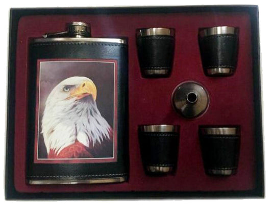 Wholesale EAGLE HEAD FLASK SET W 4 SHOT GLASSES  (Sold by the piece)