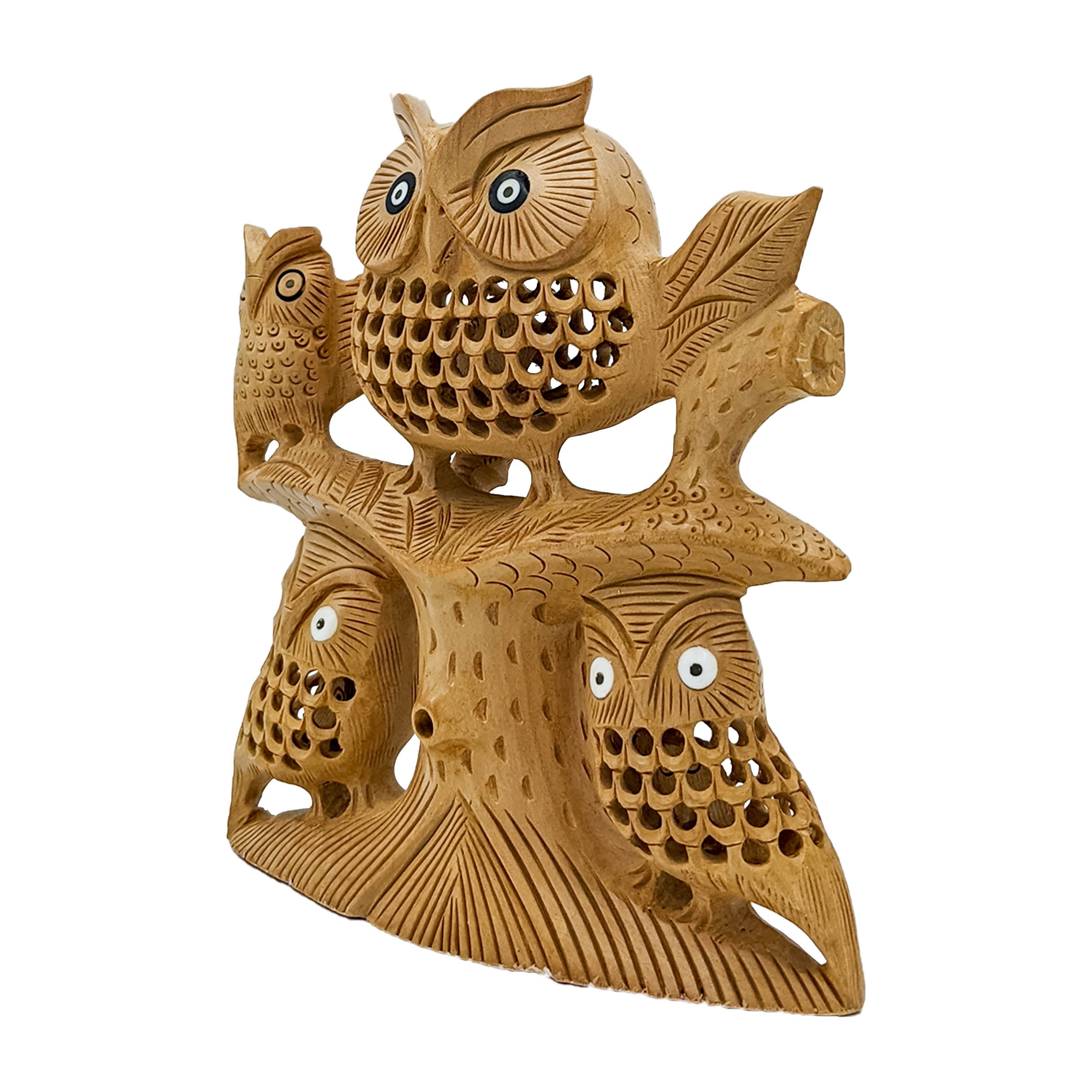 Handcrafted Wooden Owl Family on Tree